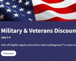 Walgreens 20% Military Discount July 1-4, 2023 in salute of military service!
